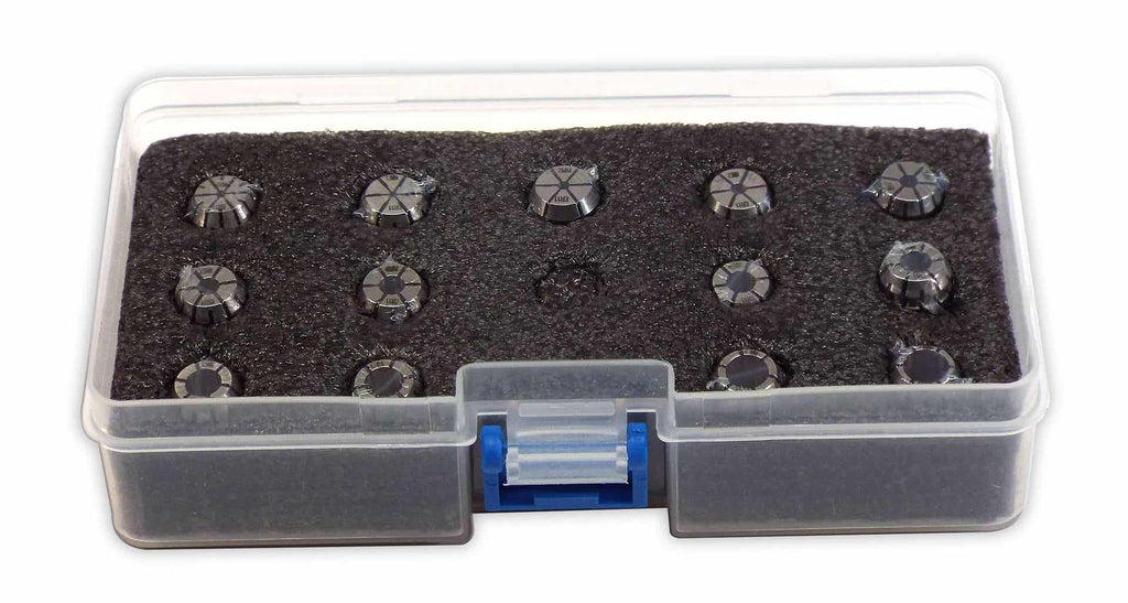 High-quality precision drill chucks in a clear storage box for machining tools and industrial applications.