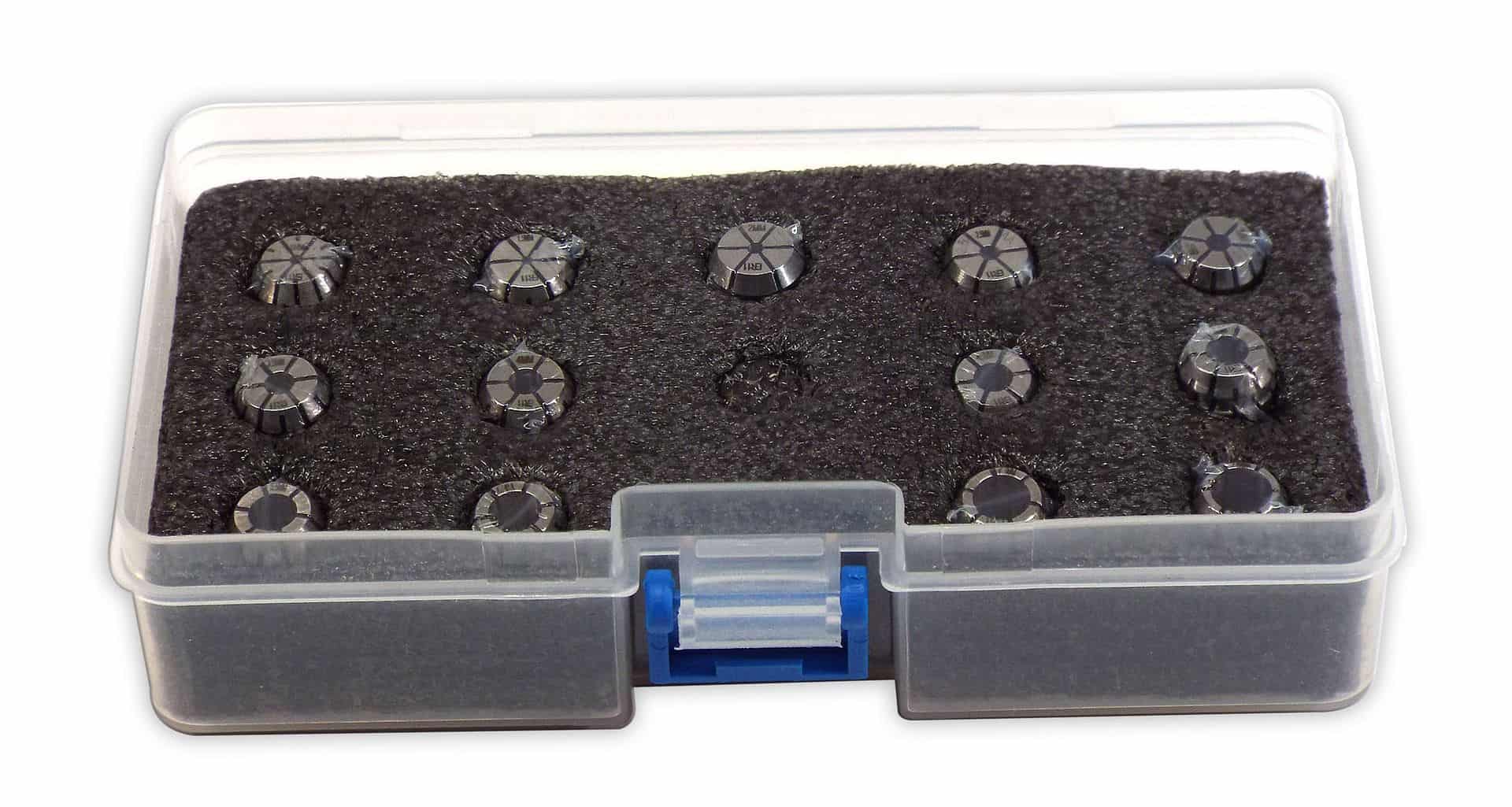 High-quality precision drill chucks in a clear storage box for machining tools and industrial applications.