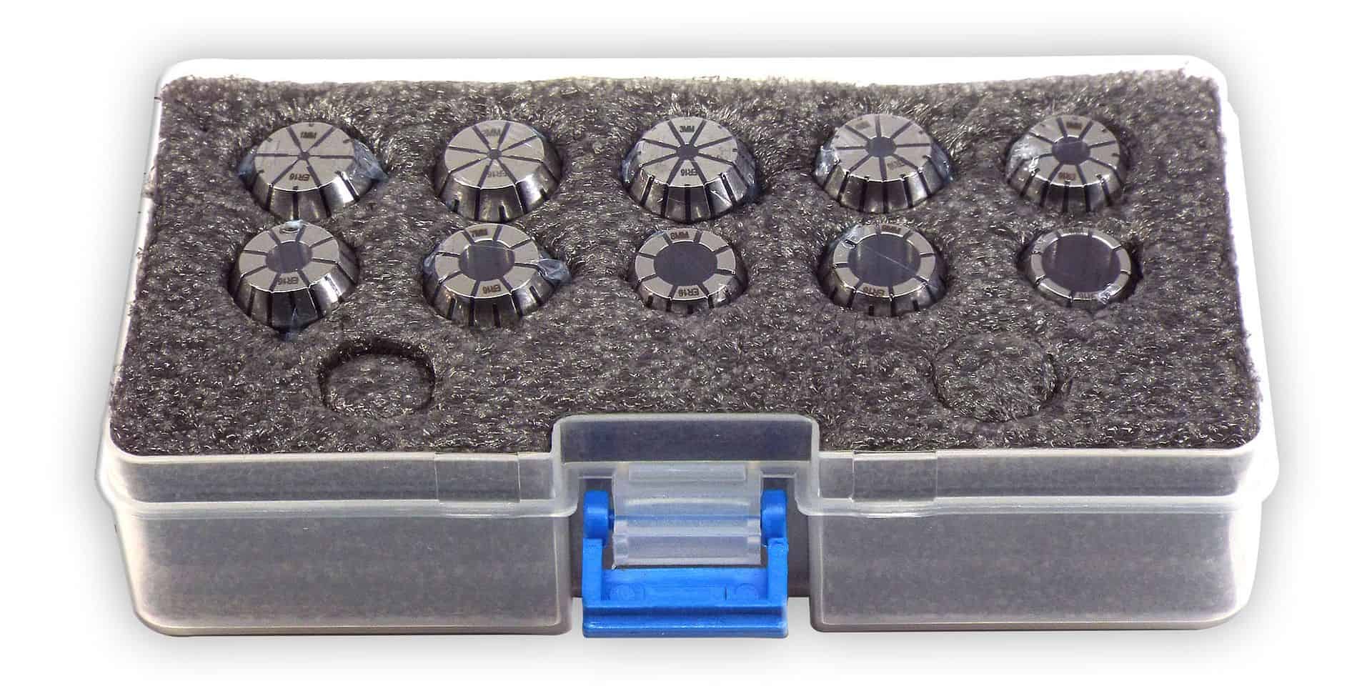Precision machining lathe cutting tool inserts in protective storage case for metalworking and CNC machining. High-quality industrial tool accessories for engineers and machinists.