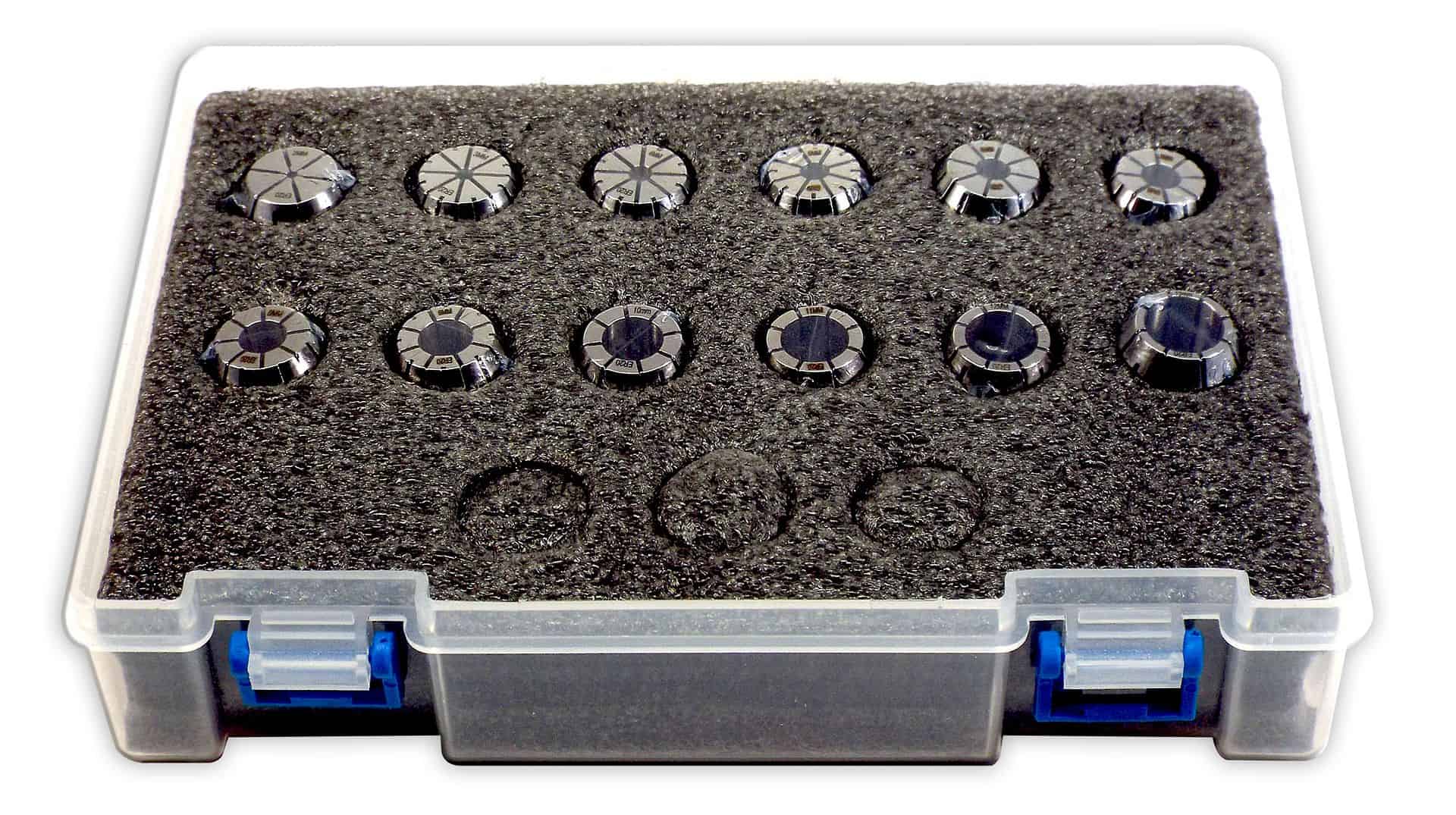 Precision colorful dial knobs for mechanical watches, presented on foam cushioning in clear plastic storage box. Ideal for watchmaking, repair, or customization.