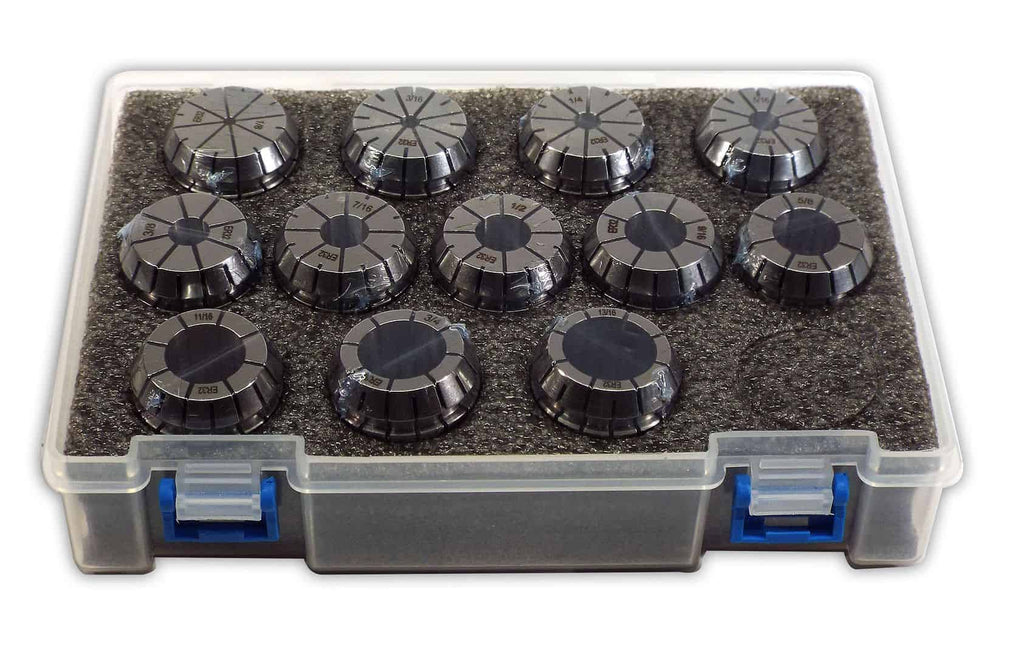 Adjustable drill bit turret set in storage case for precision metalworking and woodworking, featuring multiple sizes for versatile cutting and drilling tasks.