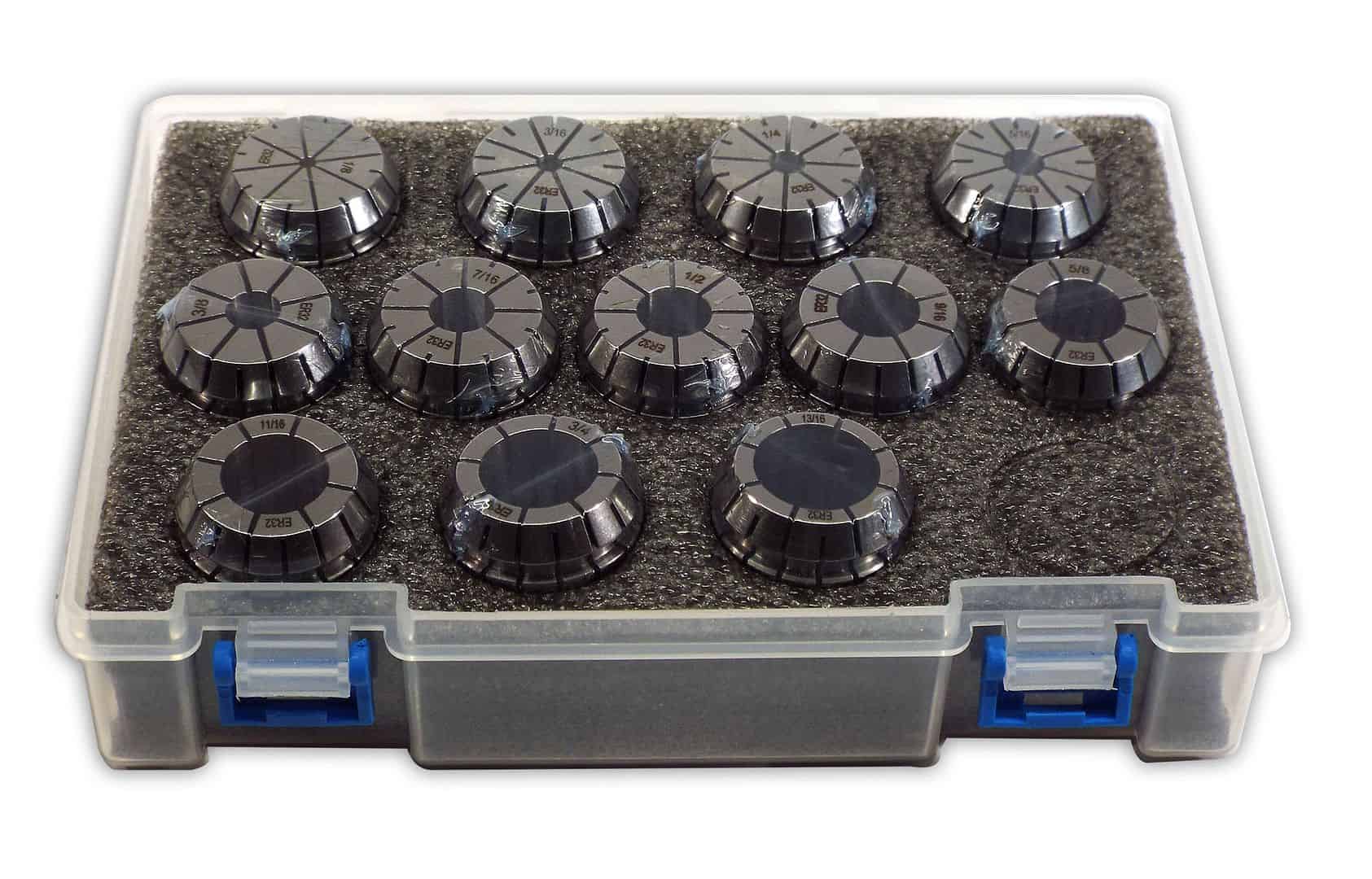 Adjustable drill bit turret set in storage case for precision metalworking and woodworking, featuring multiple sizes for versatile cutting and drilling tasks.