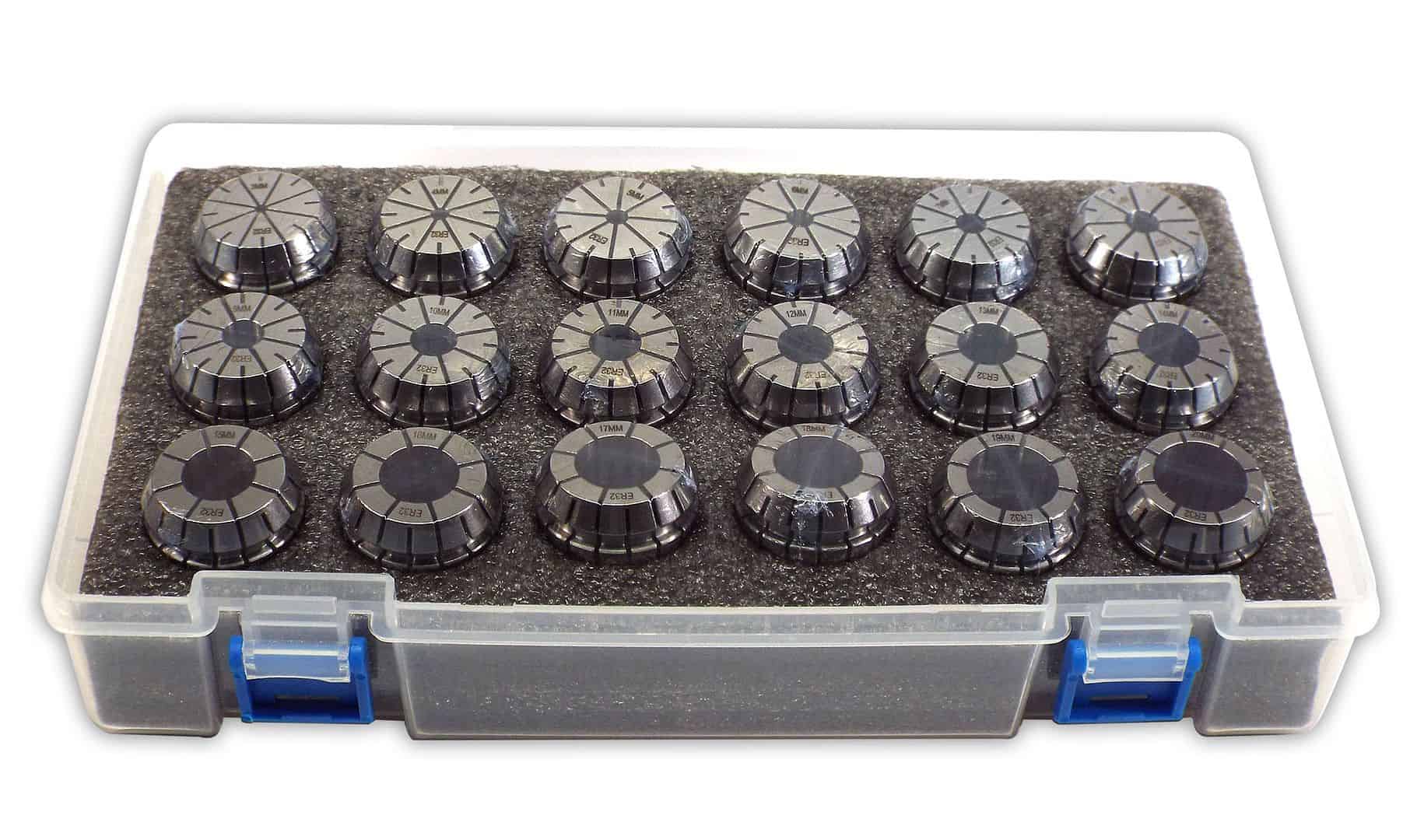 Precision metal lathe chuck jaws assortment in compact storage case for machining and toolmaking.