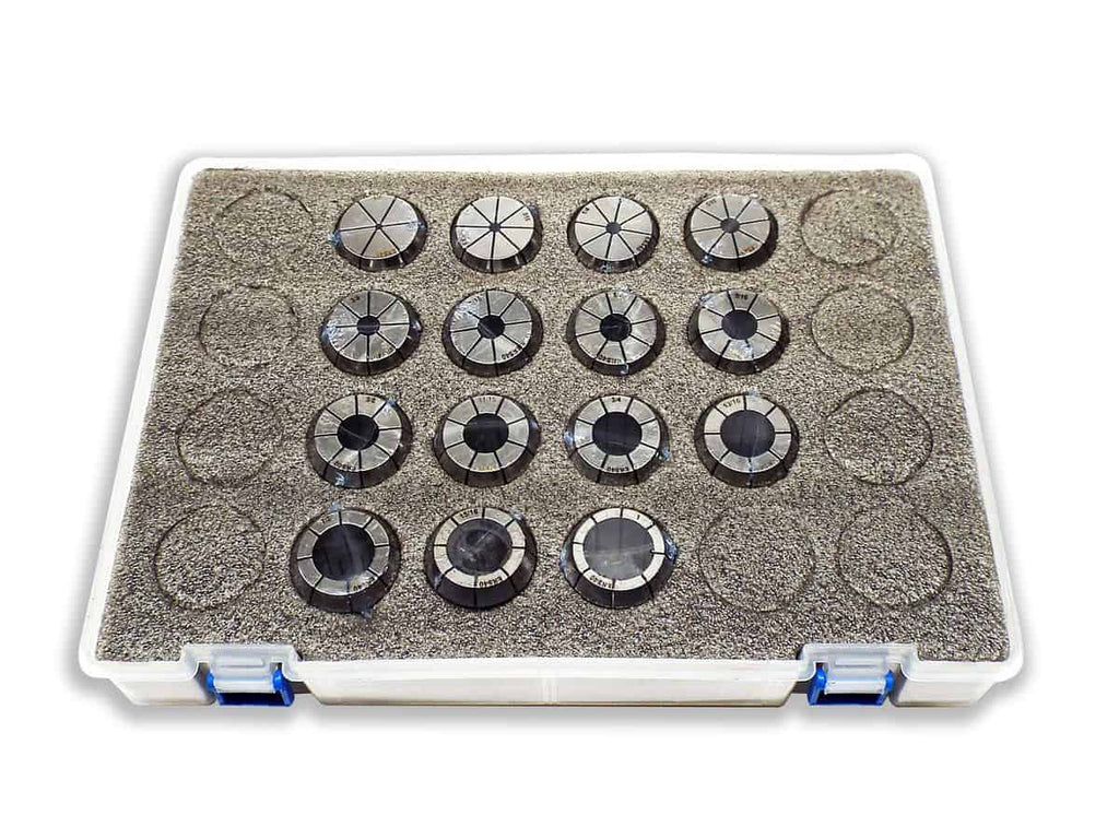 Precision dial indicator gauges for industrial measurement and calibration tools, stored in a foam-lined plastic case.