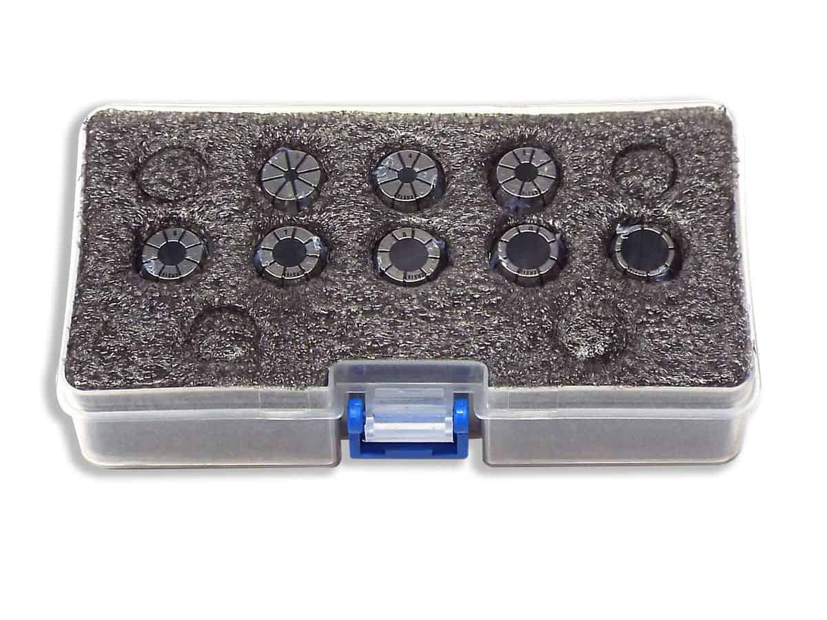 Compact set of precision dial indicators stored in a clear plastic box, ideal for measurement and inspection tasks in manufacturing and workshop environments.