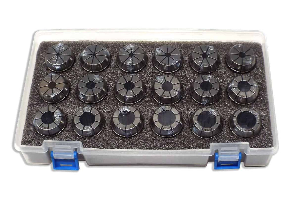 Precision engine valve grindstone set in a clear plastic storage box with foam padding, ideal for automotive repair and engine rebuilding. High-quality tools for professional machining and maintenance.