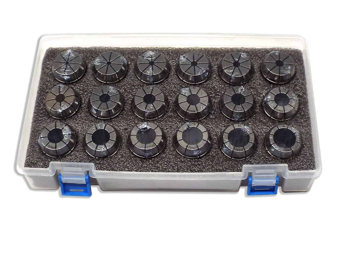 Precision engine valve grindstone set in a clear plastic storage box with foam padding, ideal for automotive repair and engine rebuilding. High-quality tools for professional machining and maintenance.