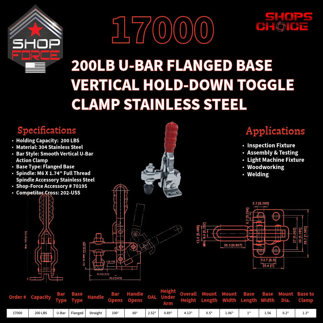 200LB U-BAR FLG BASE VERTICAL CLAMP STAINLESS STEEL - 17000 - Shop-Force