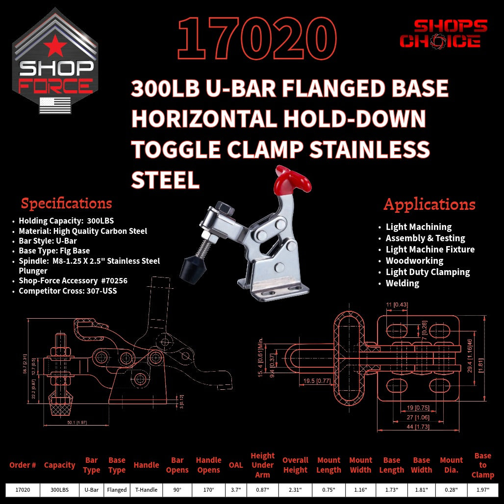 300LB U-BAR FLG BASE HORIZONTAL CLAMP - 17020 - Shop-Force