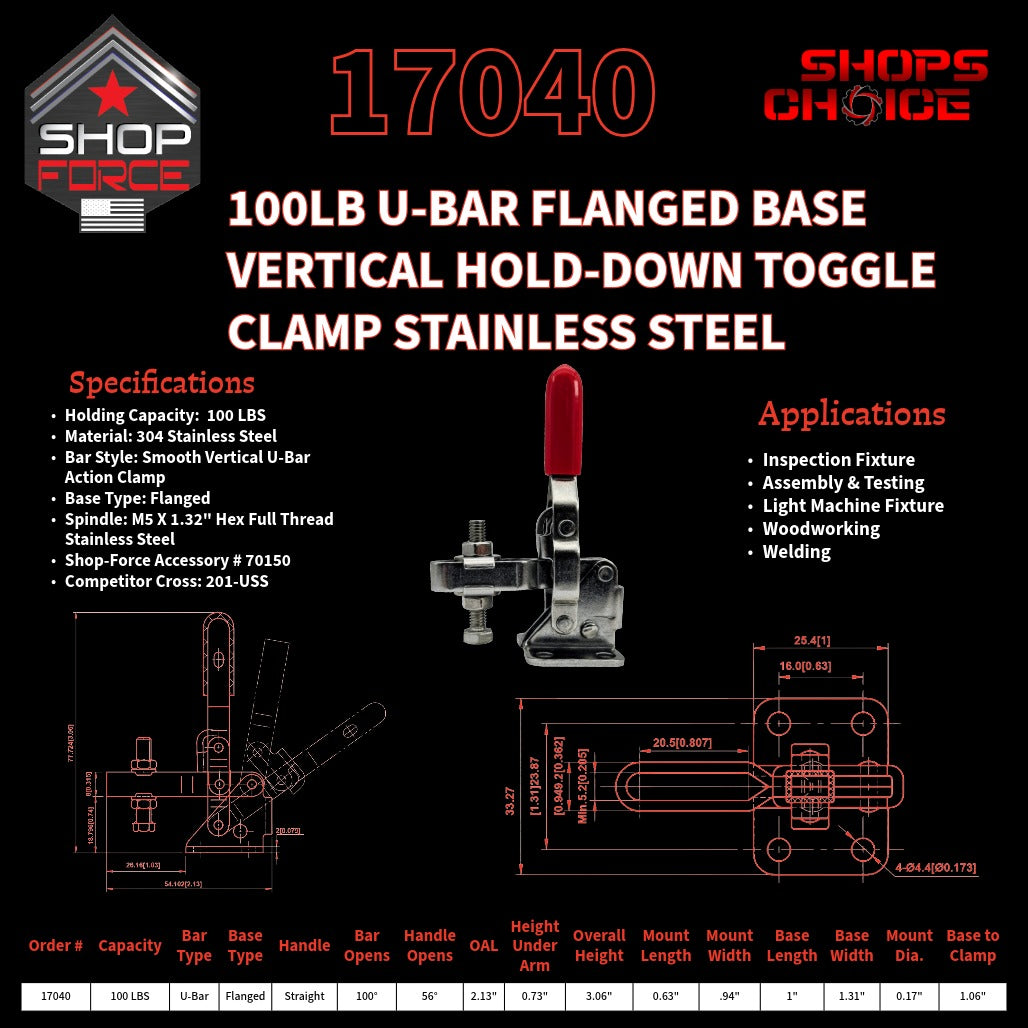 100LB U-BAR FLG BASE VERTICAL CLAMP STAINLESS STEEL- 17040 - Shop-Force