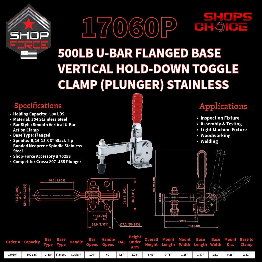 500LB U-BAR FLG BASE VERTICAL CLAMP STAINLESS STEEL - 17060P - Shop-Force