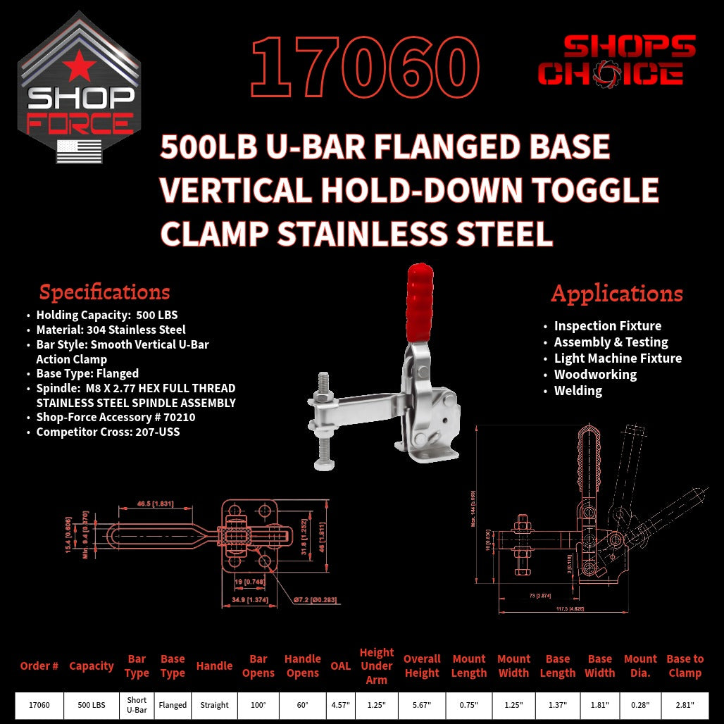 500LB U-BAR FLG BASE VERTICAL CLAMP STAINLESS STEEL - 17060 - Shop-Force