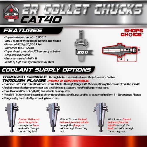 ER Collet Chucks CAT40 for CNC Machines, High-Precision Tool Holders, Compatible with DR-ER Series, Hardened Steel, Suitable for CNC and Milling Applications.