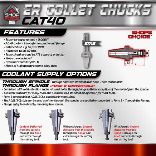 ER16 COLLET CHUCK for CNC machines, precision tool holder compatible with CAT40 spindles, offers high accuracy, easy installation, and durable construction for machining and CNC operations.