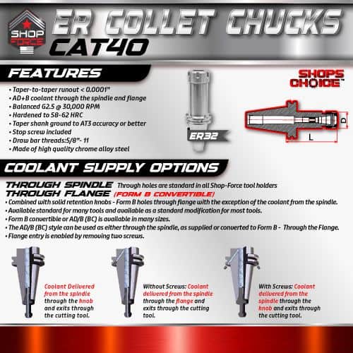 ER Collet Chucks CAT40 for CNC Machines, High-Precision Tool Holders, Compatible with ER32 Collets, Suitable for Rigid Milling and Drilling Applications, Durable Steel Construction for Accurate Machining.
