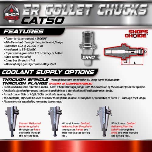 ER Collet Chucks for CNC Machines, CAT50, High Precision, Durable Steel, Taper-To-Fit, Balanced G2.5/25, Hardened for 58-62 HRC, Ideal for Accurate Spindle Tool Holding in CNC Machining Centers.