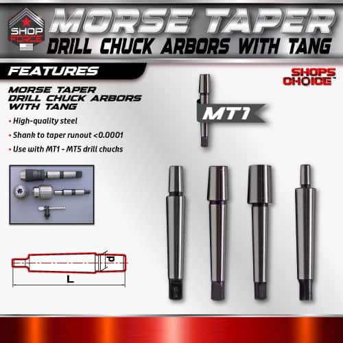 High-quality steel Morse taper drill chuck arbors with tang, compatible with MT1 and MT5 drill chucks, designed for precise taper runout below 0.0001 inches, ideal for tool and machine shop applications.