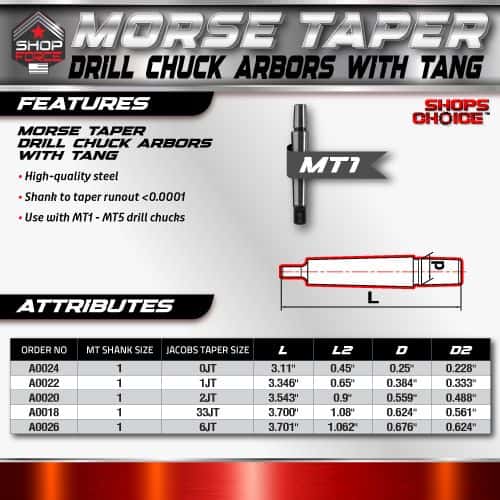 High-quality steel Morse Taper drill chuck arbors with tang for precise tapered tool connection, compatible with MT1-MT5 drill chucks for efficient machining and woodworking applications.