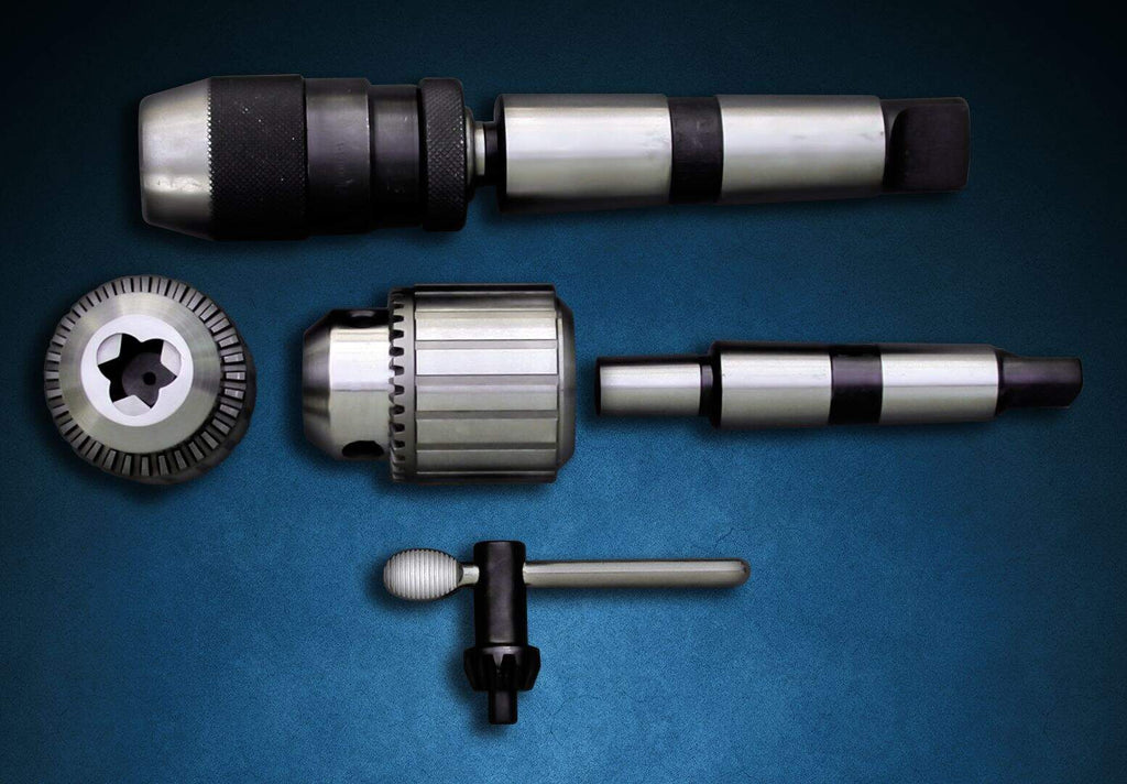 Precision drill chuck and related components for industrial and workshop use, showcasing high-quality metal parts on a blue background. Perfect for tasks requiring accurate drilling and tool attachment.