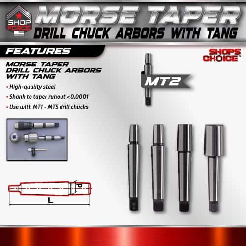 High-quality Morse taper drill chuck arbors with tang, compatible with MT1-MT5 drill chucks for precise and secure tool holding, crafted from durable steel.