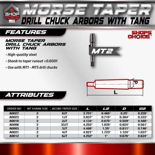 Morse taper drill chuck arbors with tang, high-quality steel, used with MT1-MT5 drill chucks, ideal for precision machining and tool compatibility.