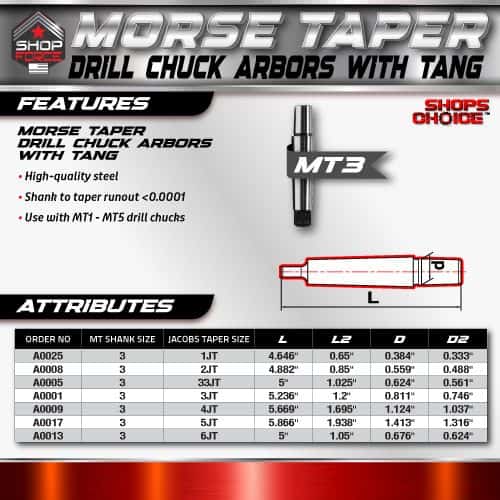 Morse Taper Drill Chuck Arbors with Tang, high-quality steel, precision tapered for optimal fit, compatible with MT1 - MT5 drill chucks for machining and drilling applications.