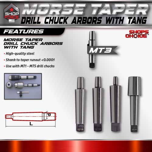 Morse Taper Drill Chuck Arbors with Tang for precise tooling and high-quality steel construction, compatible with MT1-MT5 drill chucks, ideal for machining and industrial applications.