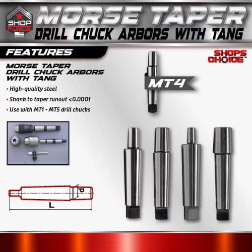 Precision Morse Taper Drill Chuck Arbors with Tang for High-Quality Steel and Tapered Runout Under 0.0001", compatible with MT1 – MT5 drill chucks.