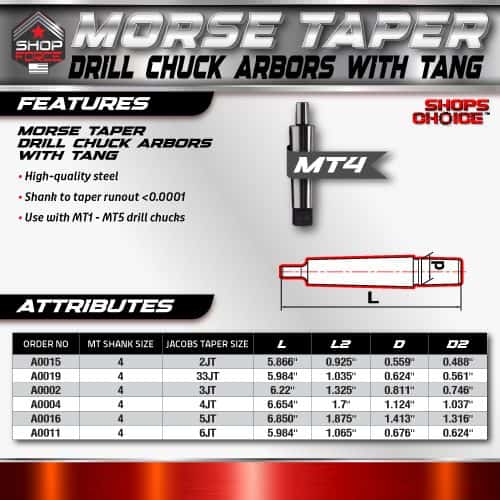 Morse taper drill chuck arbors with tang, high-quality steel, for precise taper runout under 0.0001 inch, compatible with MT1 and MT5 drill chucks for reliable tool mounting.