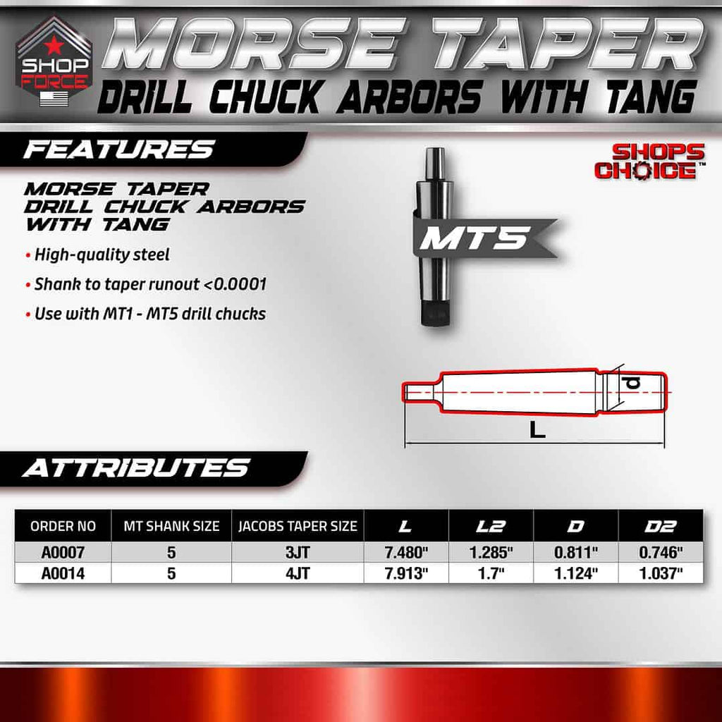 Morse Taper Drill Chuck Arbors with Tang for high-quality steel machining, compatible with MT1 and MT5 drill chucks, featuring precise taper runout under 0.0001 inches from Shop Force.