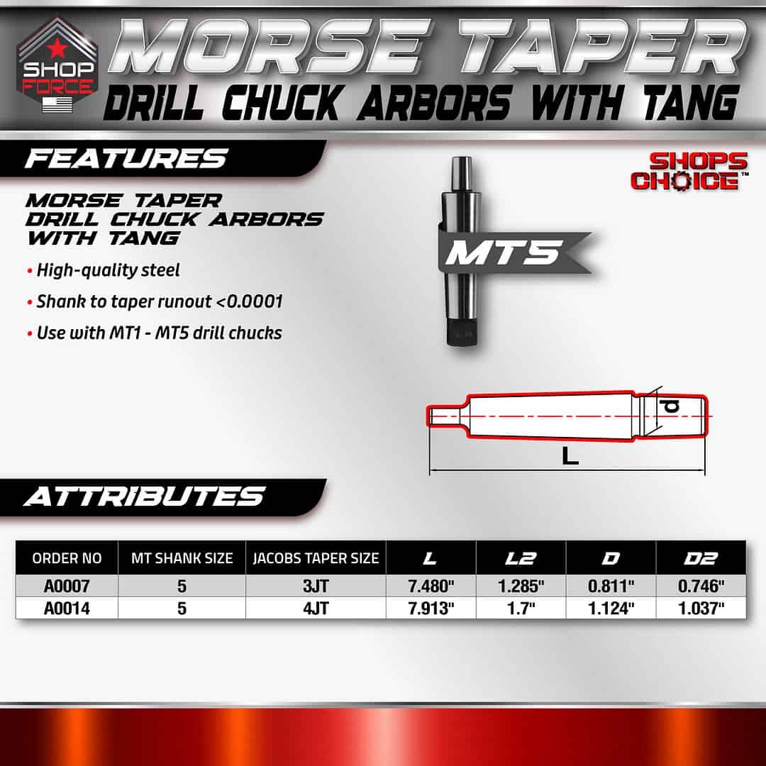 Morse Taper Drill Chuck Arbors with Tang for high-quality steel machining, compatible with MT1 and MT5 drill chucks, featuring precise taper runout under 0.0001 inches from Shop Force.