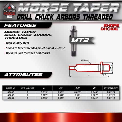 MT2 Morse Taper Drill Chuck Arbors Threaded, high-quality steel, precision tapered, compatible with 2MT drill chucks for accurate machining and tool mounting.