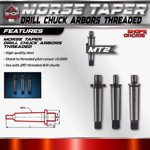 Morse Taper drill chuck arbors threaded, high-quality steel, precision ground for secure fit, ideal for drill presses and machining, compatible with 2MT threaded drill chucks.