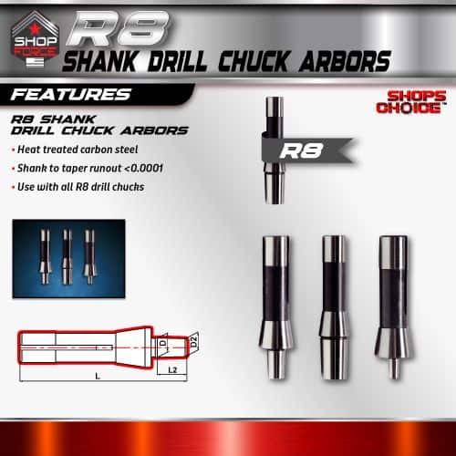 Precision R8 shank drill chuck arbors for industrial drilling, made of heat-treated carbon steel, compatible with all R8 drill chucks, designed for high reliability and performance in machining applications.