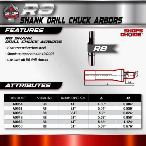 R8 shank drill chuck arbors made of heat-treated carbon steel, compatible with R8 drill chucks, offering precise taper fit for machining and woodworking applications.