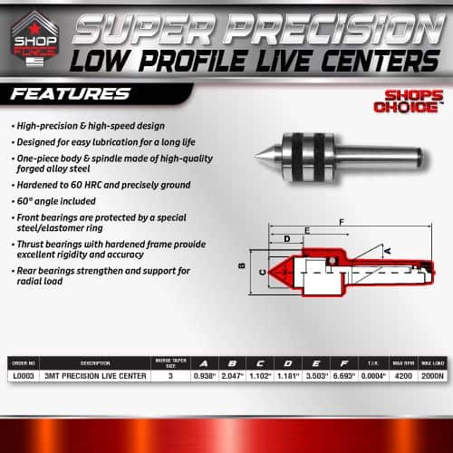 High-precision low profile live center for CNC turning, featuring durable high-quality steel construction, 60° angle, and advanced bearing system for accuracy and longevity in industrial machining.