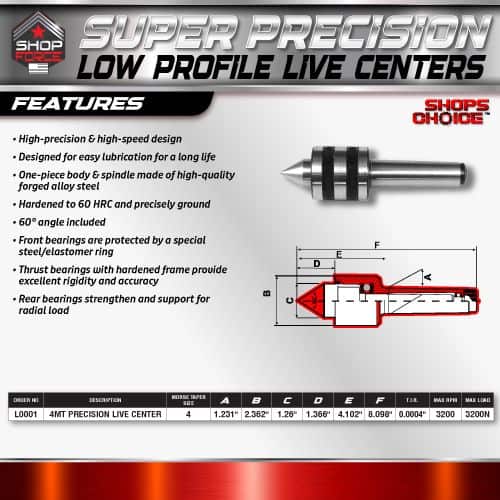 High-precision low profile live center for machining and turning applications, featuring high-quality steel construction, durable design, and 60° included angle for accuracy and longevity.