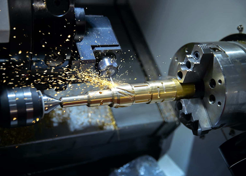 Precision CNC machining of metal parts on a lathe machine with sparks flying, showcasing advanced manufacturing technology.