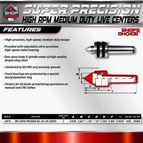 Precision high RPM medium-duty live centers with adjustable ultra-precision, forged alloy steel body, hardened to 60 HRC, ideal for manual and CNC machining.