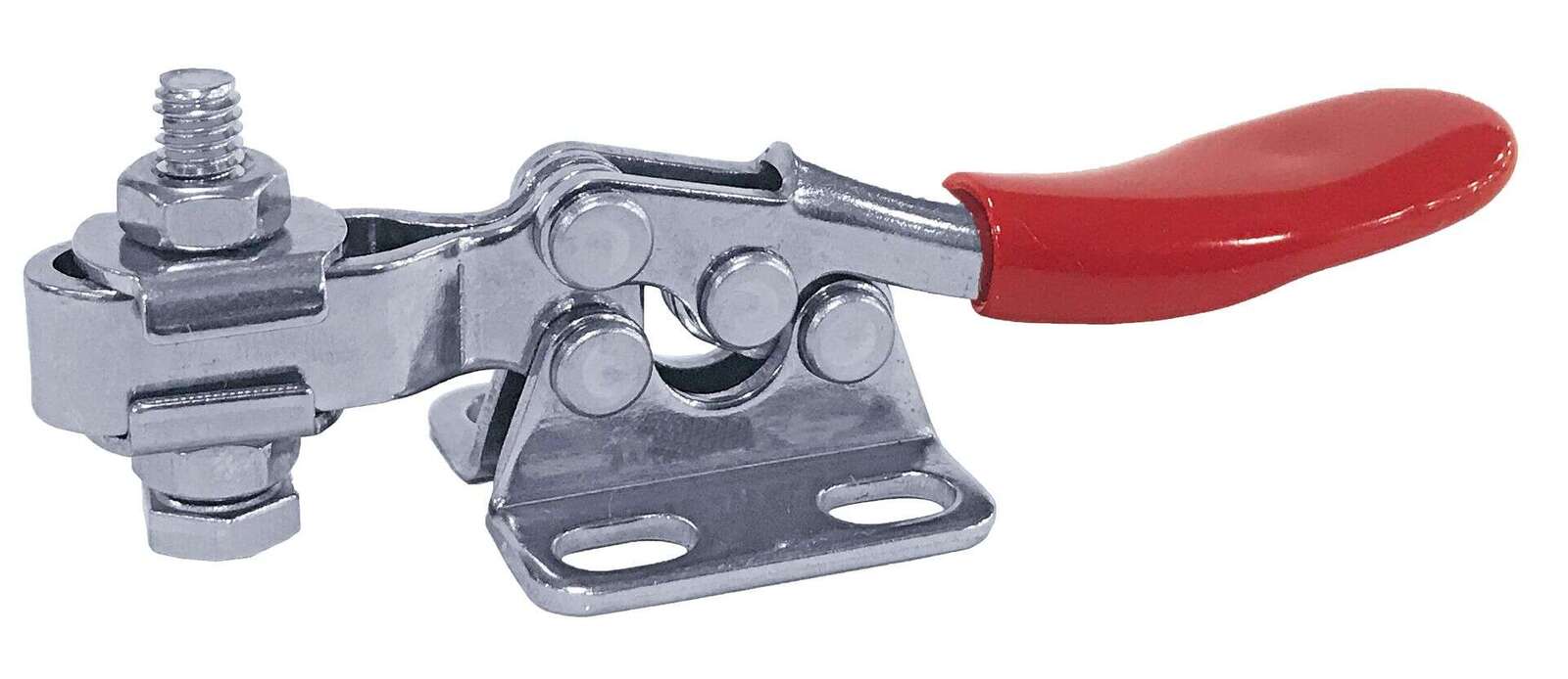 Heavy-duty metal battery clamp with red insulated handle, ideal for secure electrical connections in automotive and industrial applications. Durable construction for reliable performance.
