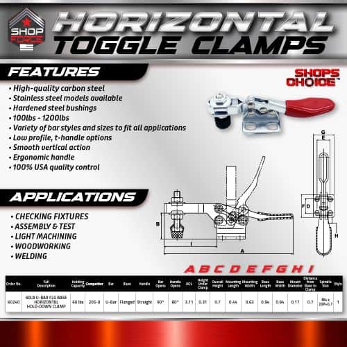Horizon Horizontal Toggle Clamps with high-grade stainless steel, ergonomic handle, and smooth vertical action, ideal for woodworking, welding, and light machining applications.