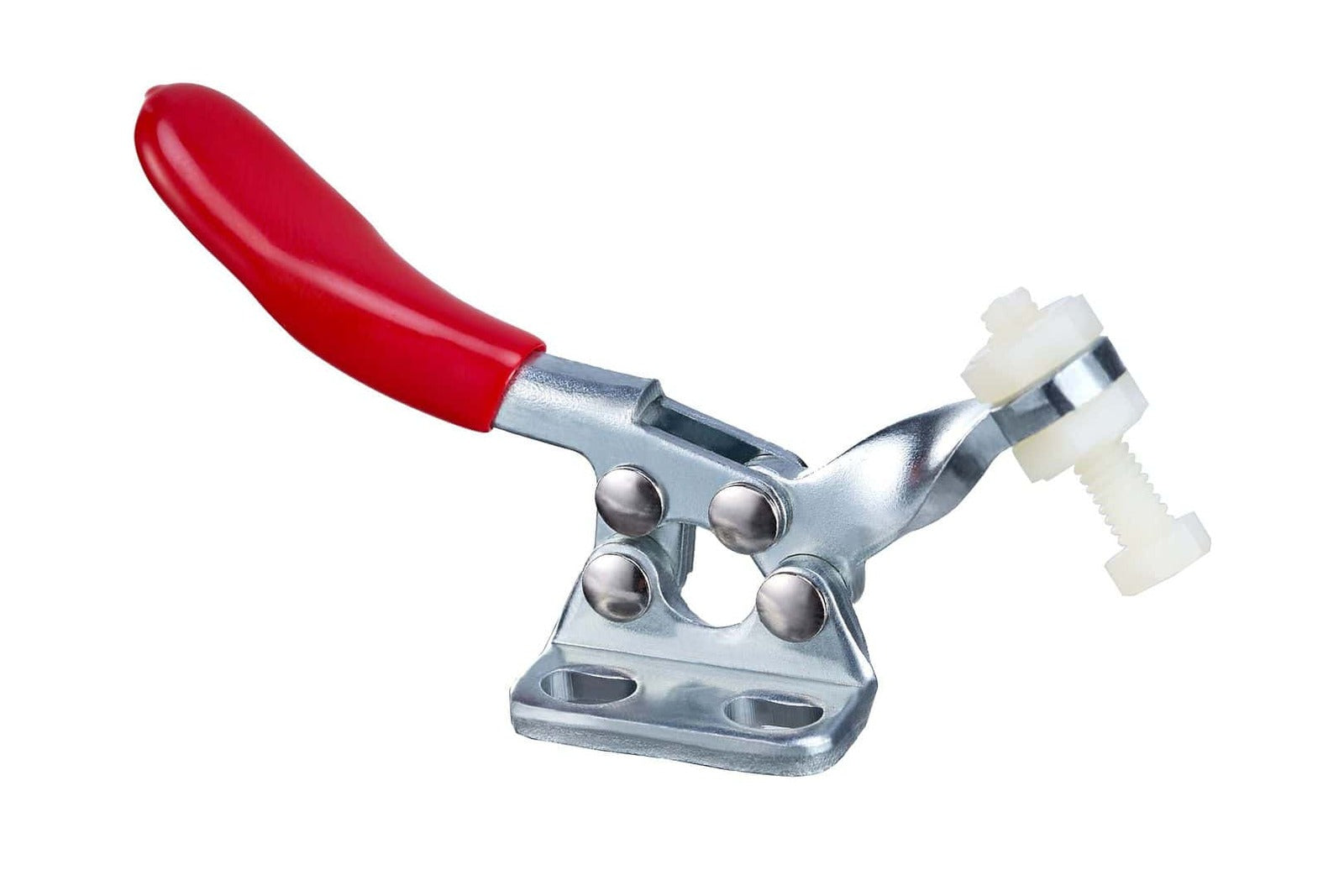 Industrial metal pressing tool with red handle, used for precise mechanical assembly and repair. Ideal for manufacturing, electrical, and plumbing projects requiring press-fit connections.