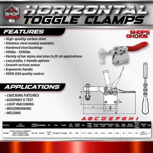 Heavy-duty horizontal toggle clamps with high-quality carbon steel, stainless steel options, and adjustable features for various applications. Ideal for woodworking, welding, and industrial fixtures.