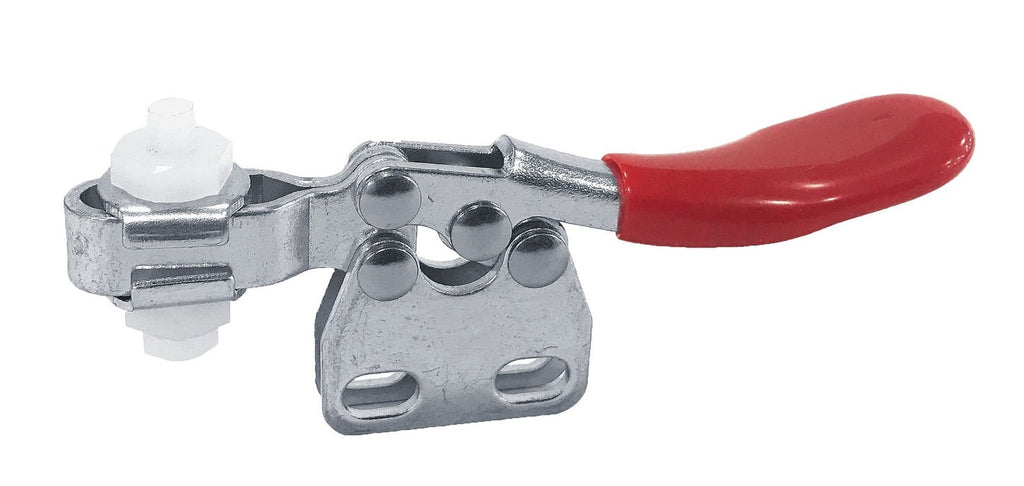 Heavy-duty fishing line clip with red handle, made of durable metal and plastic, used for secure line management and knot tying in fishing gear.