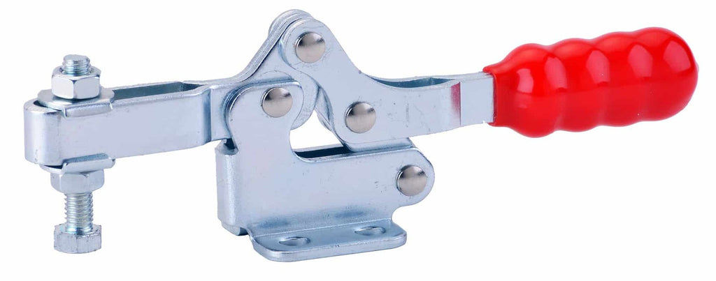 High-quality toggle clamp with red handle, ideal for woodworking, metalworking, and industrial applications for secure and reliable workpiece holding.