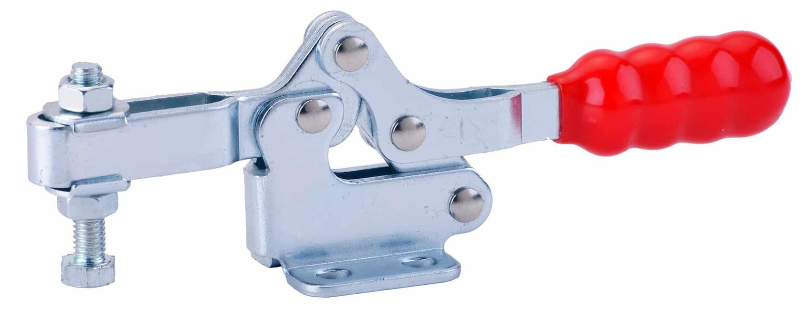 High-quality toggle clamp with red handle, ideal for woodworking, metalworking, and industrial applications for secure and reliable workpiece holding.