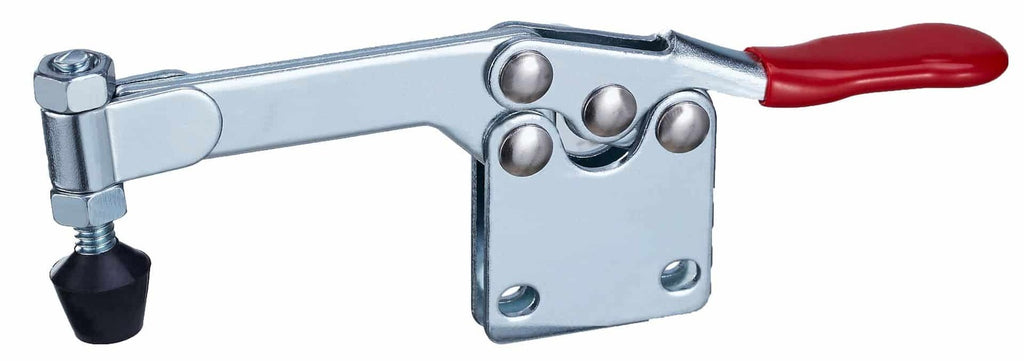 Heavy-duty toggle clamp with red handle and metal frame for industrial clamping applications.