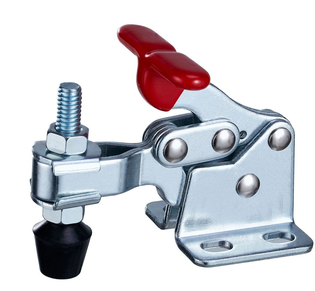 Heavy-duty toggle clamp with red handle and adjustable metal arm, ideal for woodworking and industrial applications, providing secure locking and easy operation.