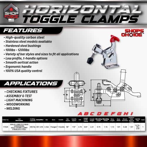 High-quality steel horizontal toggle clamps with stainless steel models, durable construction, and low-profile design for various industrial applications.
