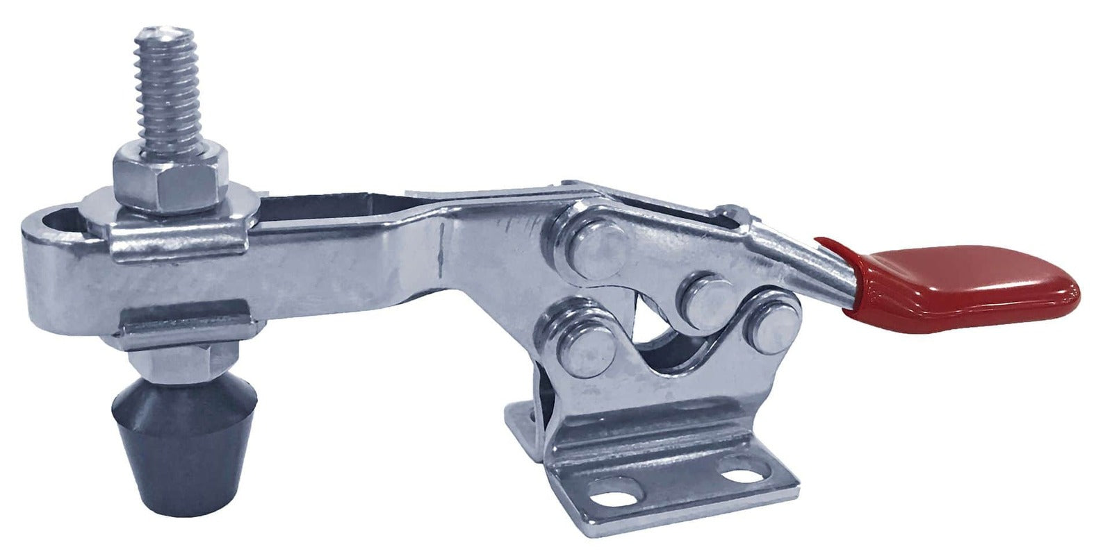 Heavy-duty metal trailer coupler with red handle, designed for securing trailers to tow vehicles, durable construction, easy to operate, and compatible with various trailer sizes.